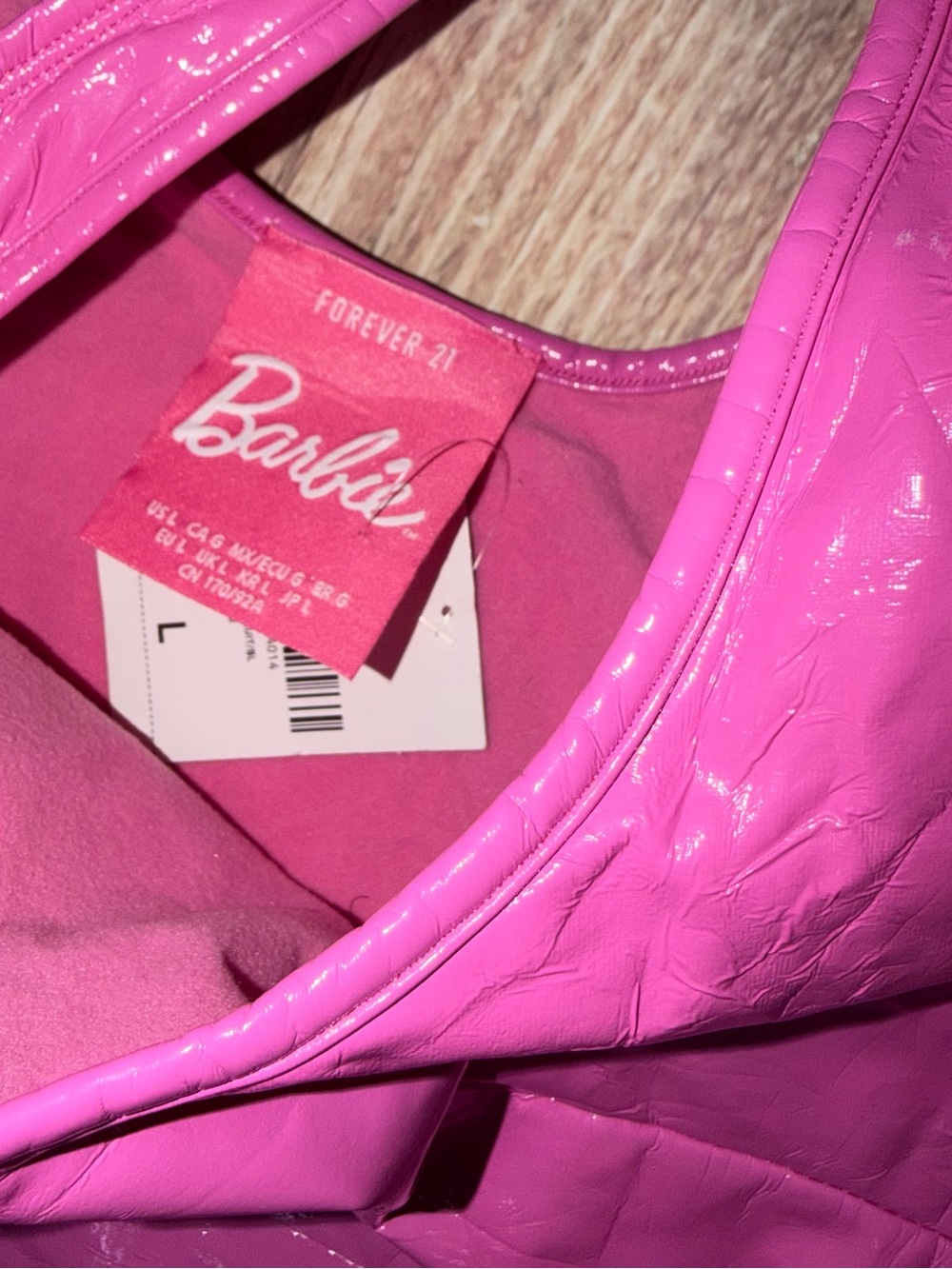 hot pink Forever 21 Barbie bodysuit made of a shiny vinyl material Size Large - Picture 4 of 5